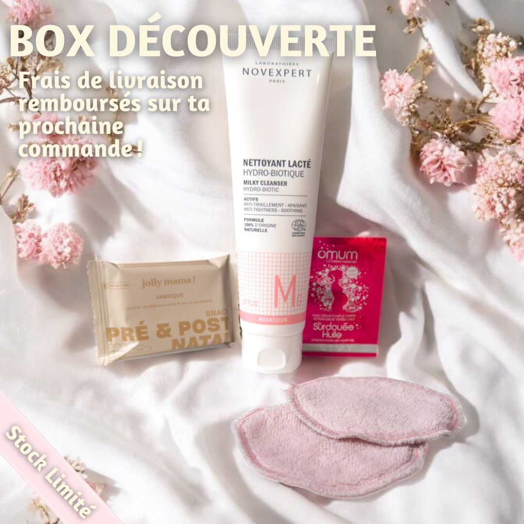 Box Découverte Cocooning avec un nettoyant lacté Novexpert, un snack Jolly Mama, des disques réutilisables et une huile sèche Omum.