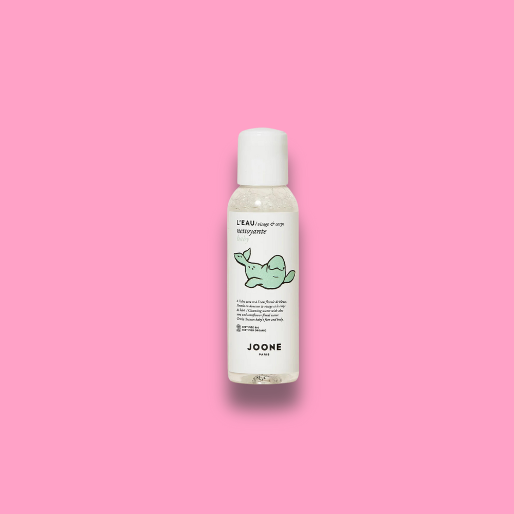 Eau nettoyante visage et corps pour bébé – Joone Paris, format pratique pour un nettoyage doux et naturel.