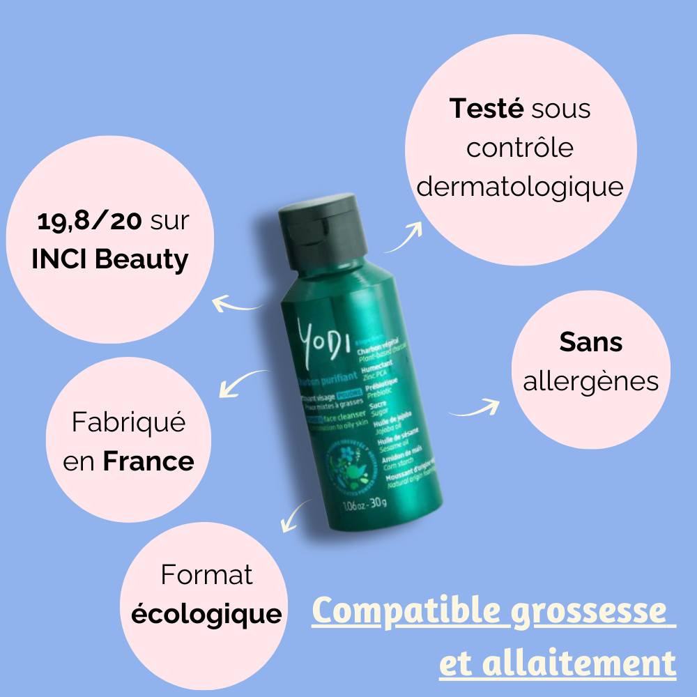 Nettoyant visage Yodi : noté 19,8/20 sur INCI Beauty, fabriqué en France, sans allergènes, et format écologique.