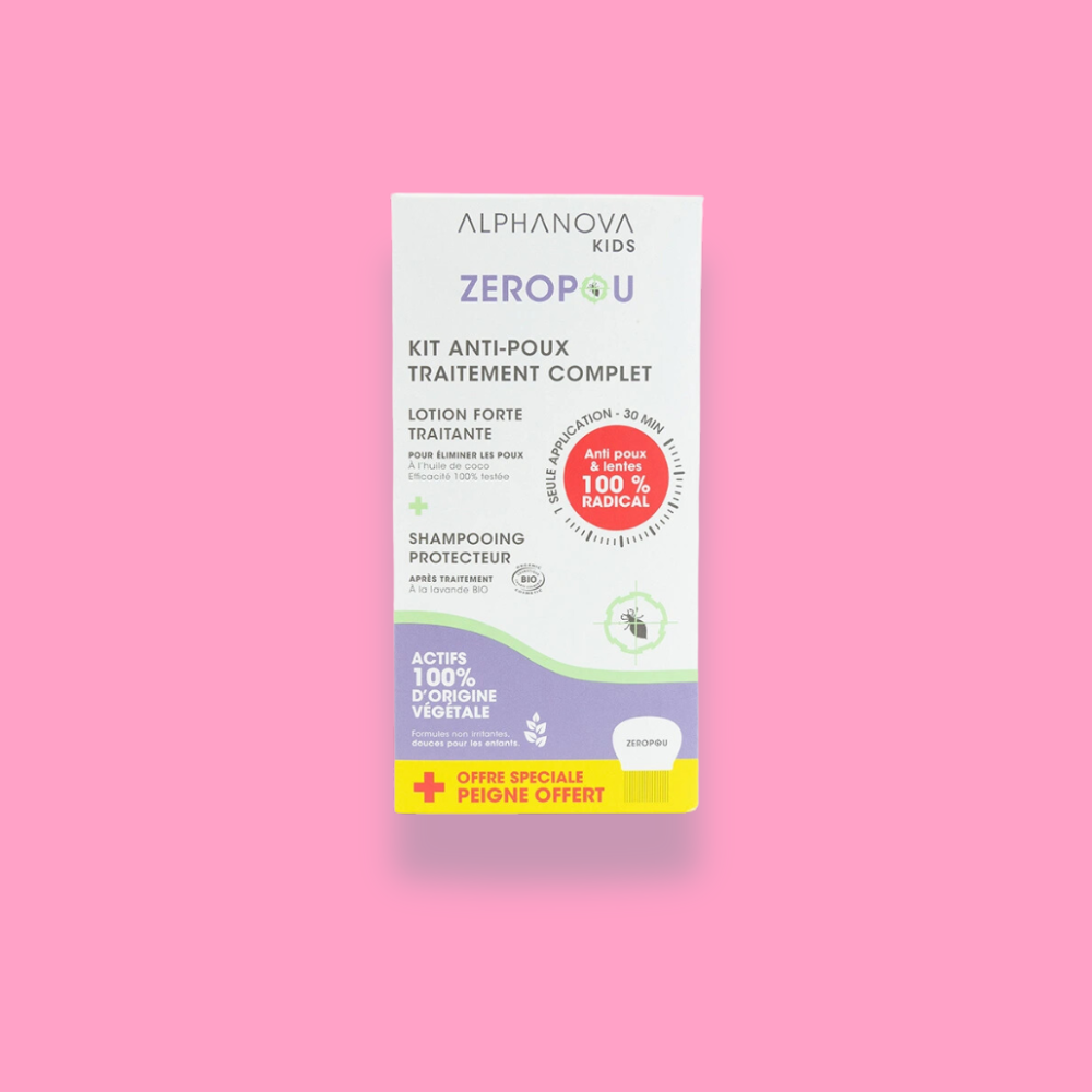 Kit anti-poux complet ZEROPOU comprenant une lotion traitante et un shampooing protecteur, 100% d'origine naturelle.