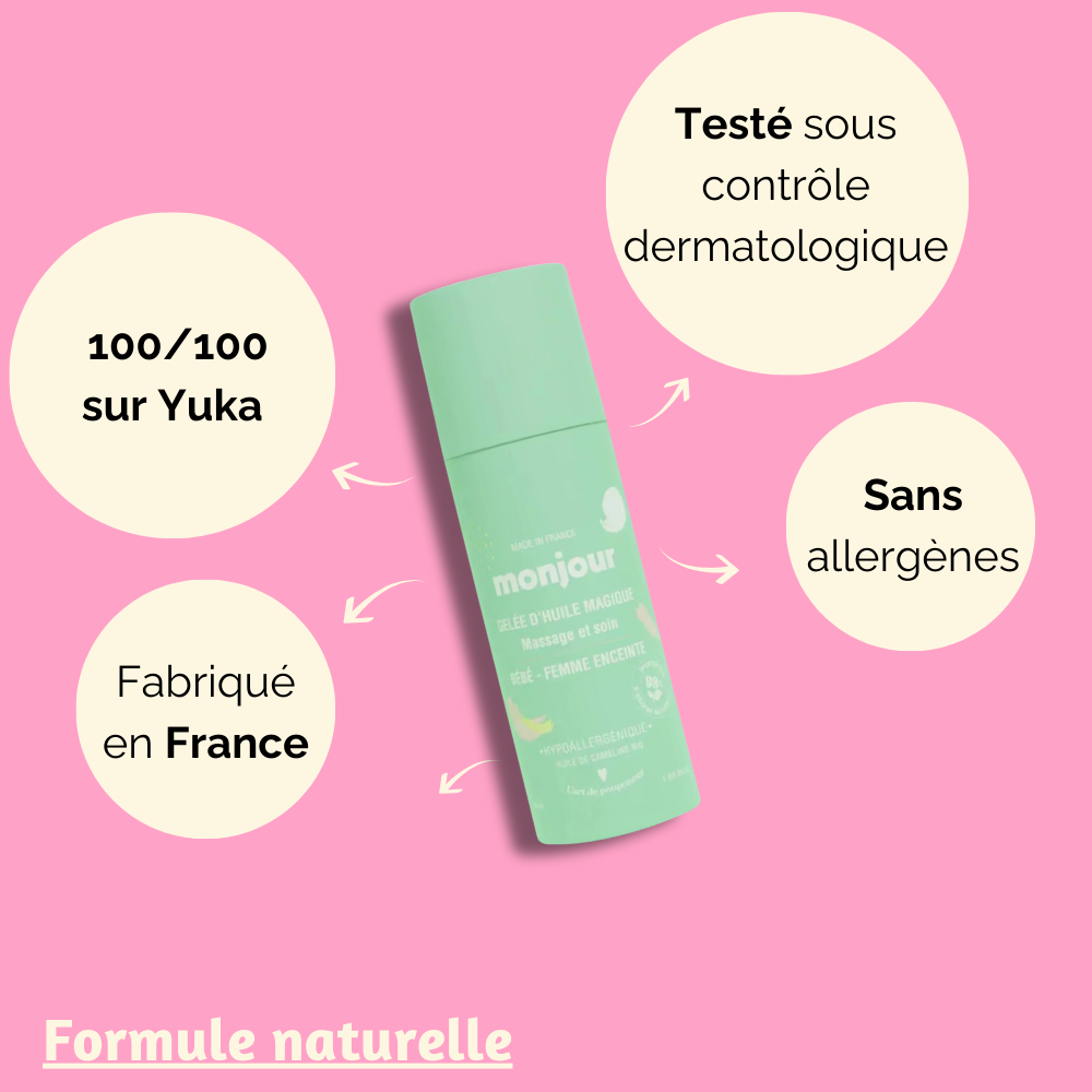 Huile de Massage Monjour : notée 100/100 sur Yuka, testée dermatologiquement, fabriquée en France.