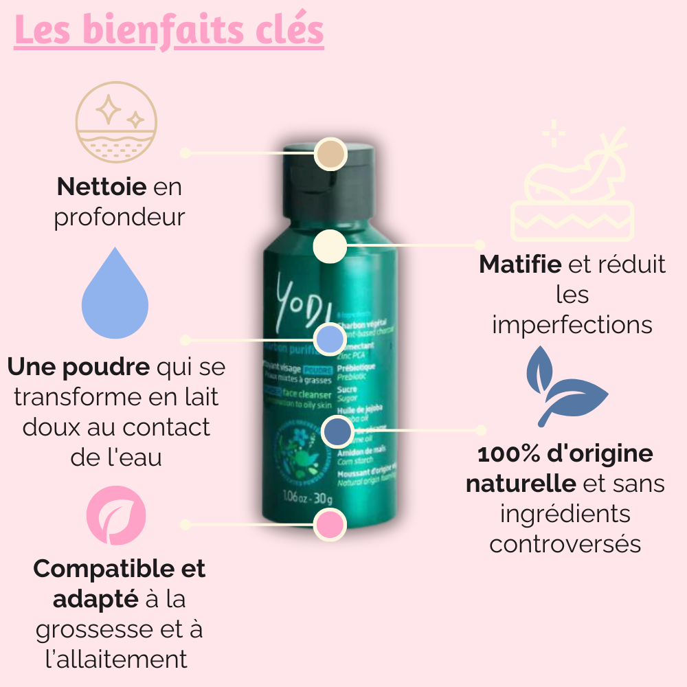 Bienfaits du Nettoyant Visage Yodi : nettoie en profondeur, matifie, et protège grâce à sa formule naturelle et au prébiotique.