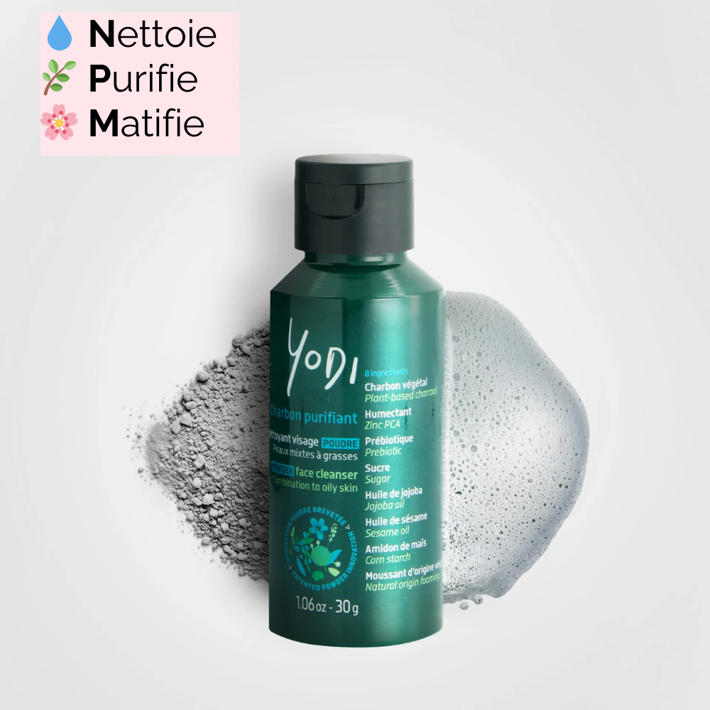 Nettoyant visage Yodi au charbon : purifie la peau, régule le sébum et réduit les imperfections. Naturel et testé dermatologiquement.