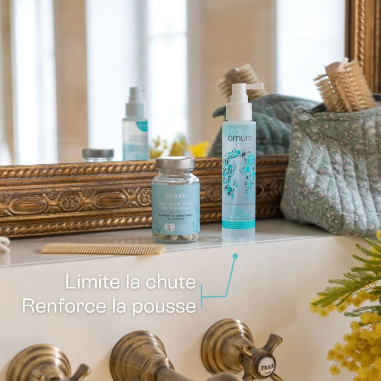 Lotion et compléments alimntaires Omum pour limiter la chute et favoriser la repousse