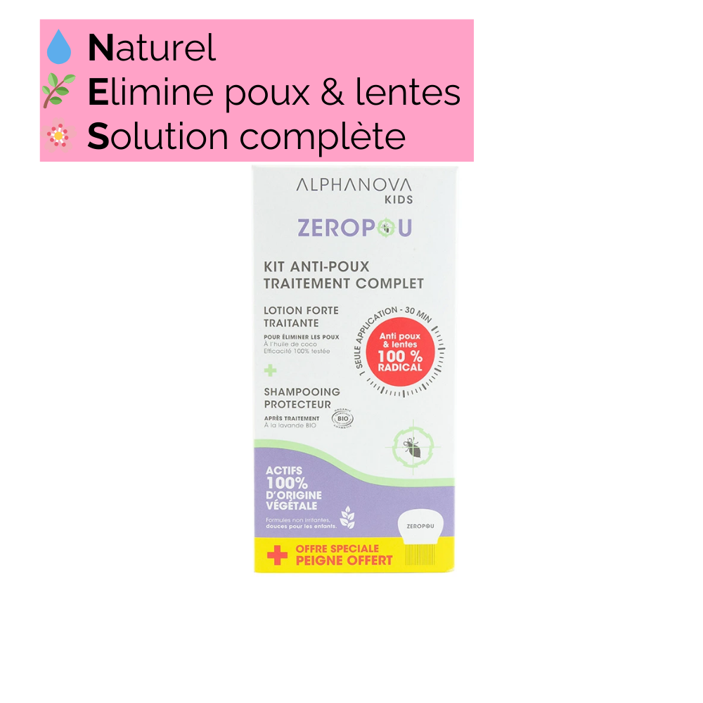 Lotion et shampooing ZEROPOU avec des actifs végétaux, une solution efficace et naturelle contre les poux et lentes.