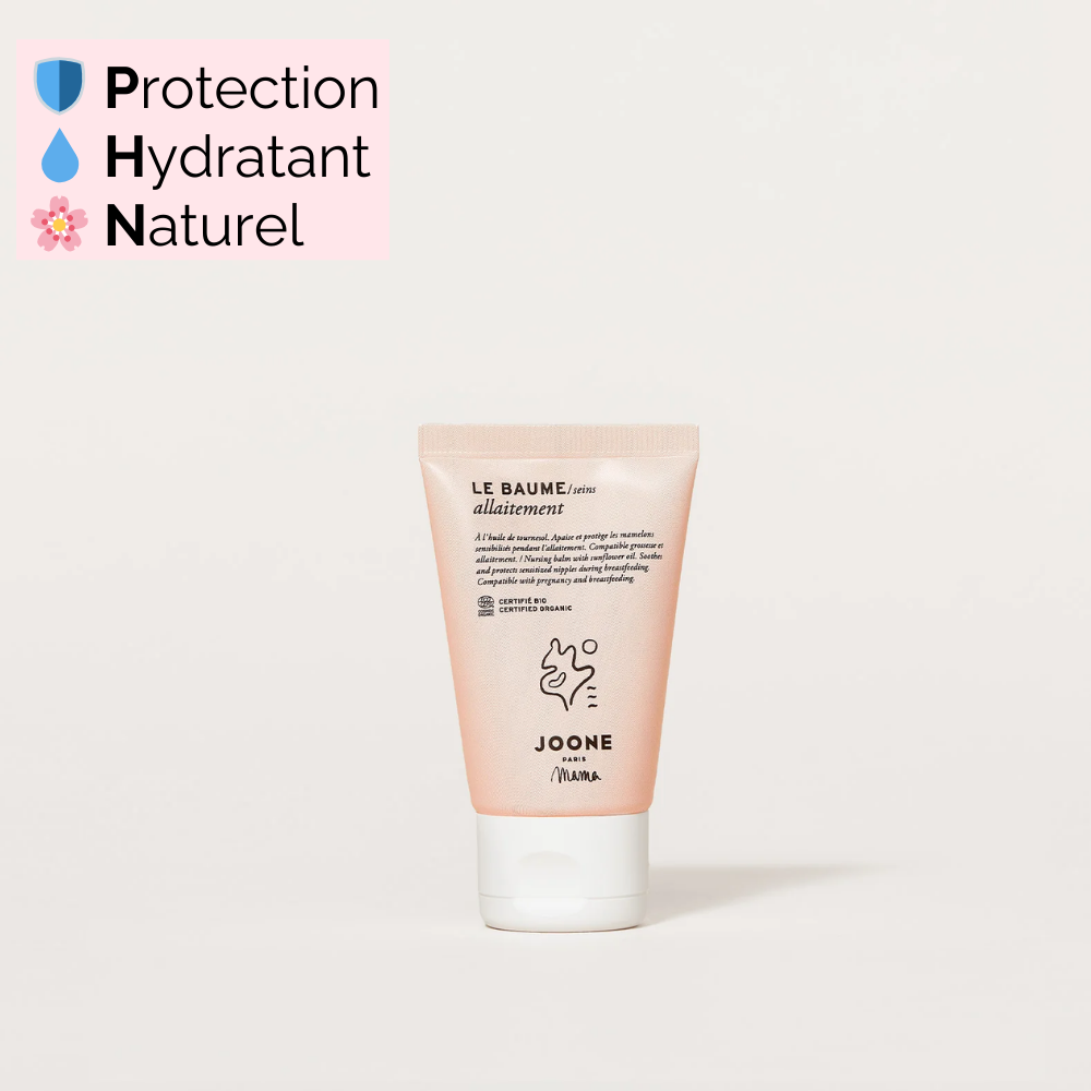 Baume allaitement Joone avec des étiquettes mettant en avant sa texture douce et son engagement bio, sur fond clair.