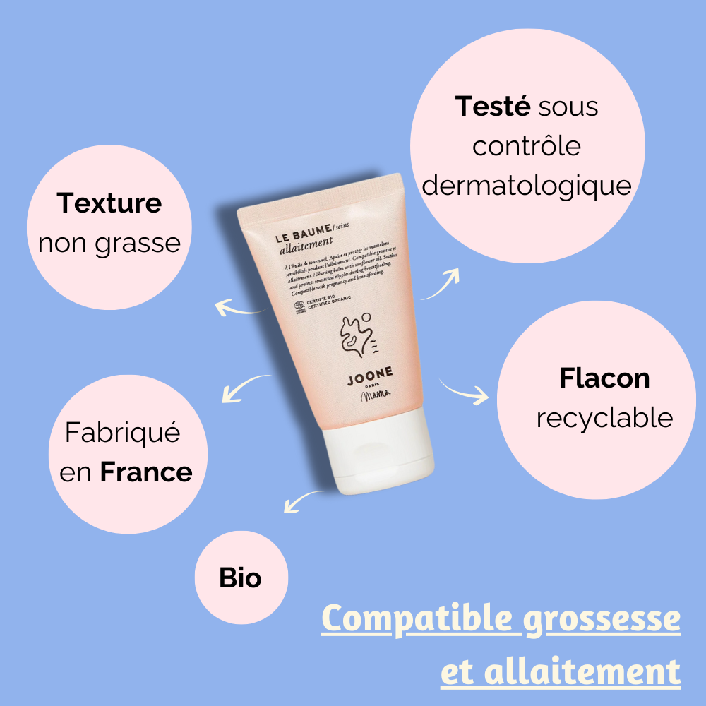 Flacon de baume allaitement Joone affichant les informations sur la compatibilité avec la grossesse et l’allaitement, sur fond bleu clair."