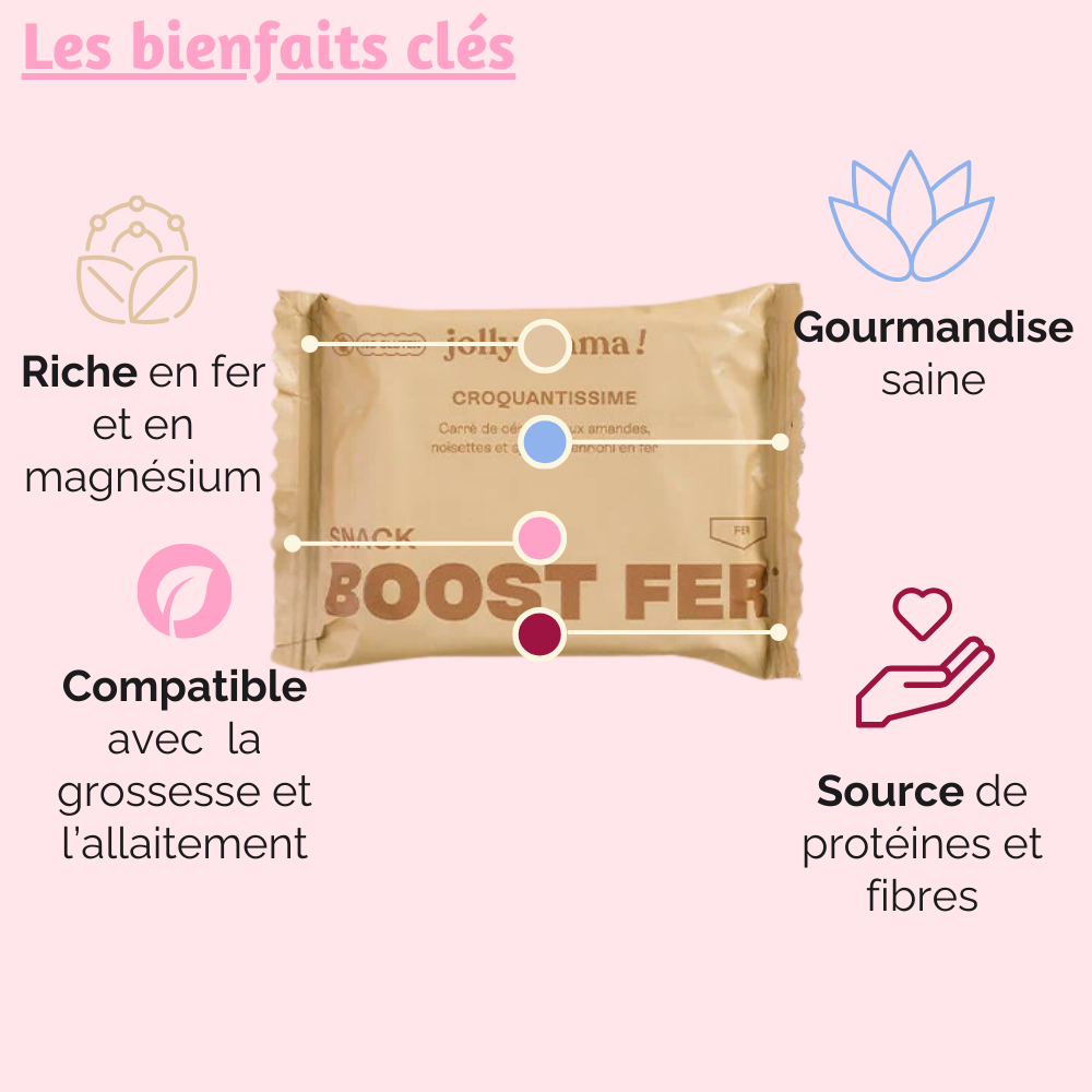 Bienfaits de Croquantissime : collation riche en fer bio-assimilable, source d'énergie, conçue pour les mamans avec des ingrédients 100% bio.