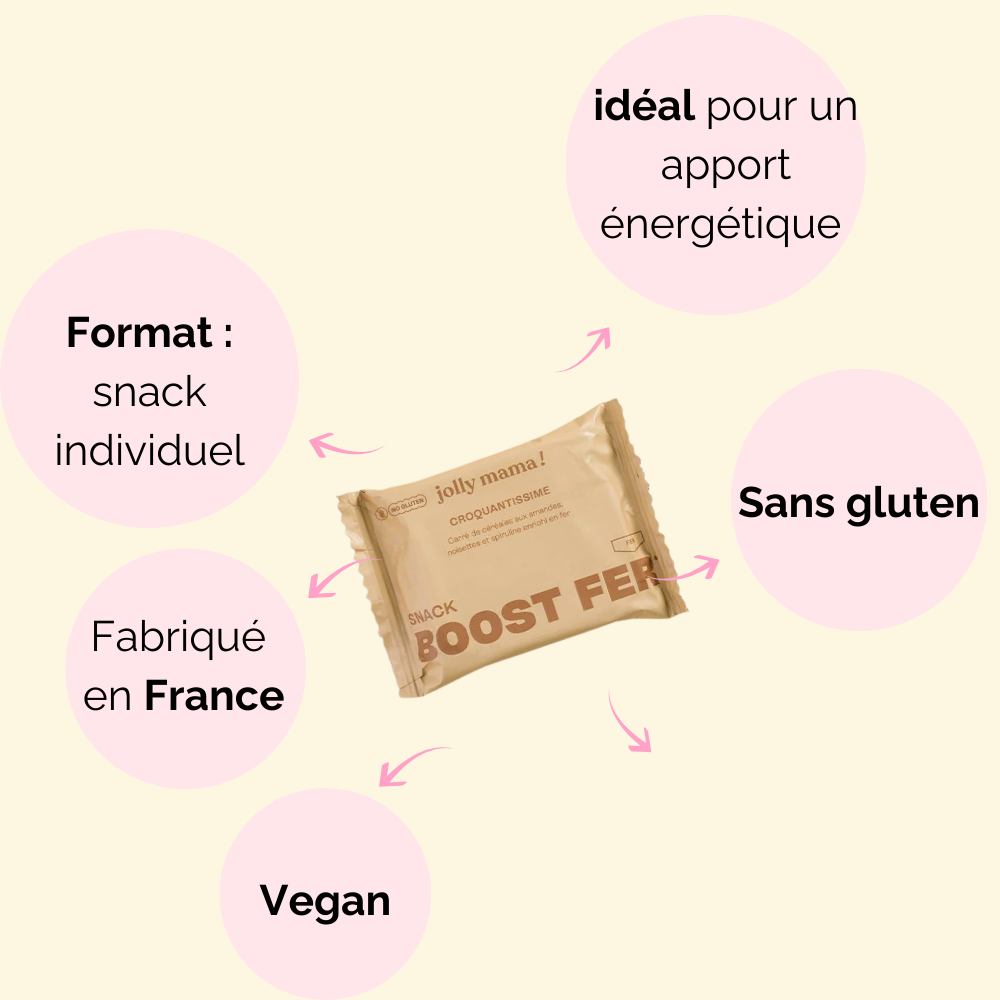 Composition de Croquantissime : snack sans gluten, à base de noisettes, amandes et avoine bio, enrichi en fer pour un apport nutritif.