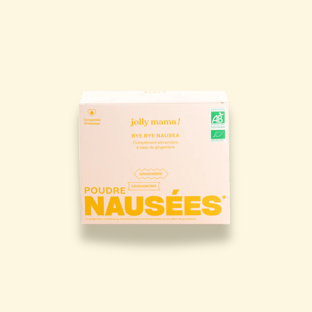 Packaging de Bye Bye Nausea - complément alimentaire bio à base de gingembre pour les nausées de grossesse.
