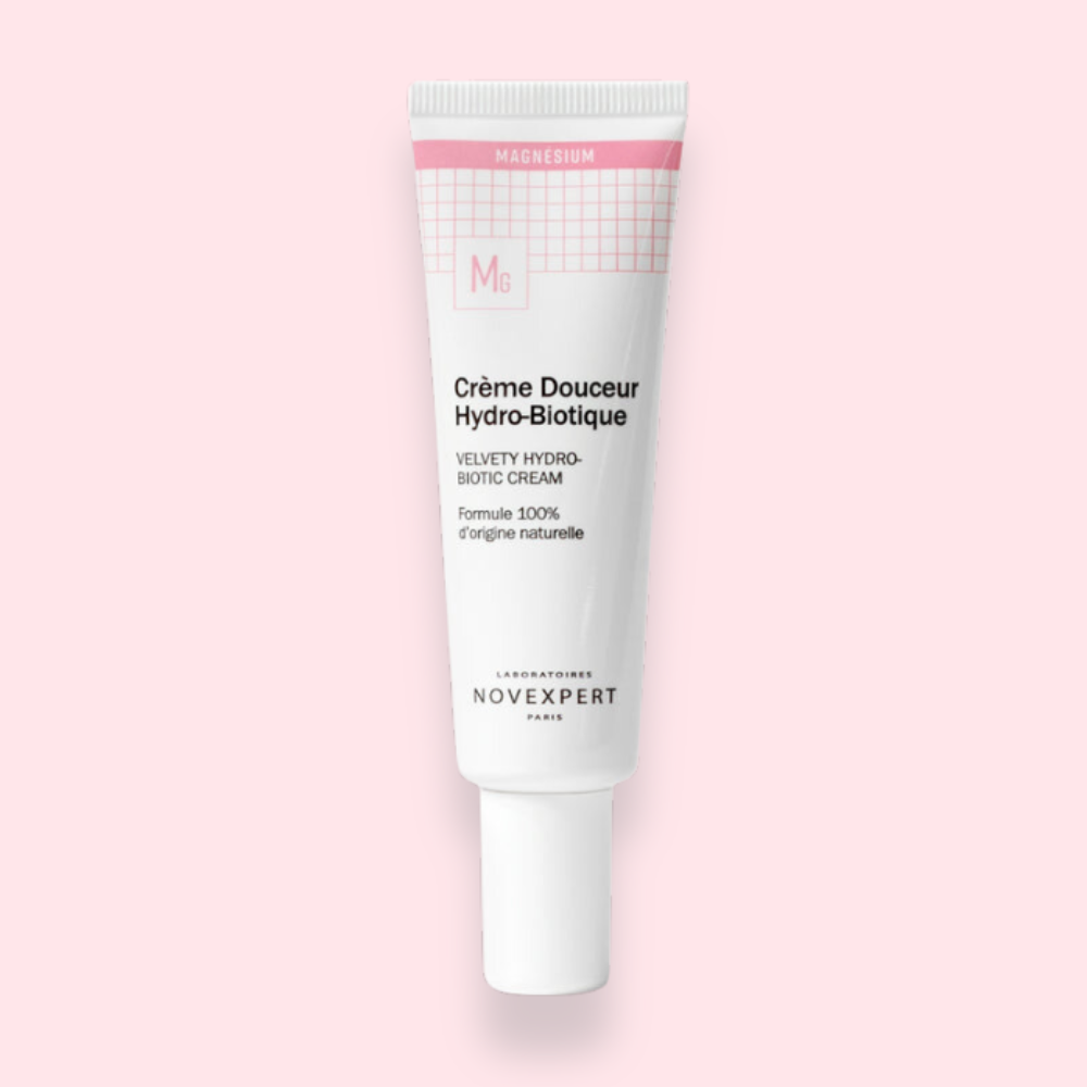 Crème Douceur Hydro-Biotique de Novexpert, hydrate, apaise et protège la peau sensible avec du magnésium.