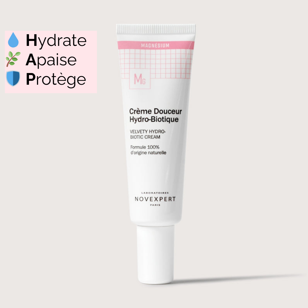 Crème Douceur Hydro-Biotique de Novexpert, hydrate, apaise et protège la peau sensible avec du magnésium.