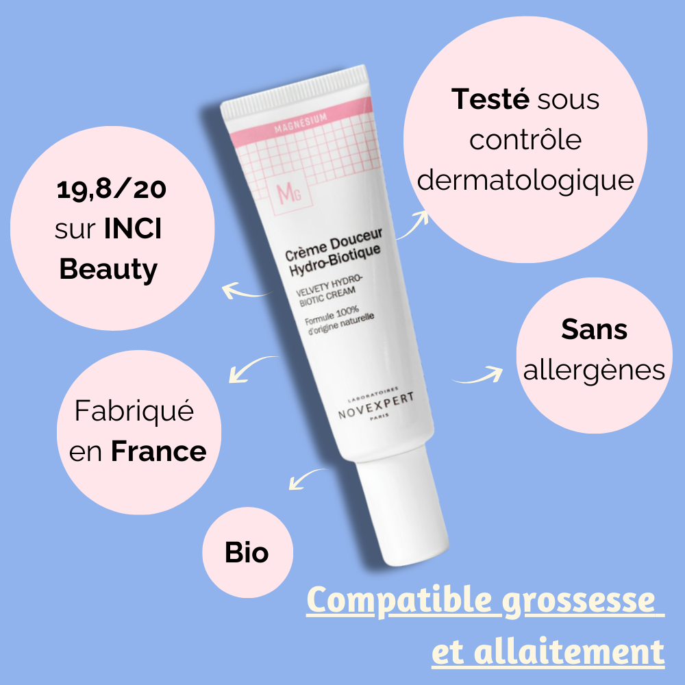 Crème Douceur Hydro-Biotique notée 19,8/20 sur INCI Beauty, fabriquée en France, bio et sans allergènes.