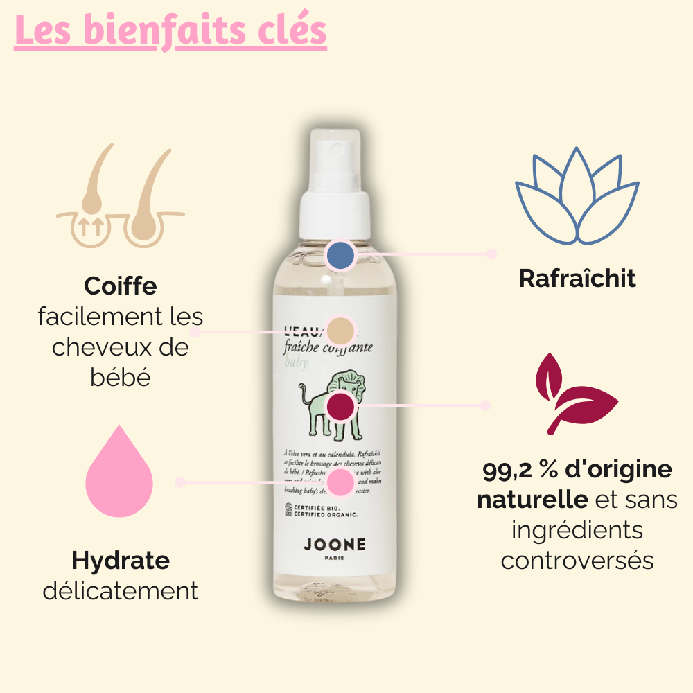 Détails sur les bienfaits de l'eau coiffante Joone, y compris l'hydratation douce et la facilité de coiffage.