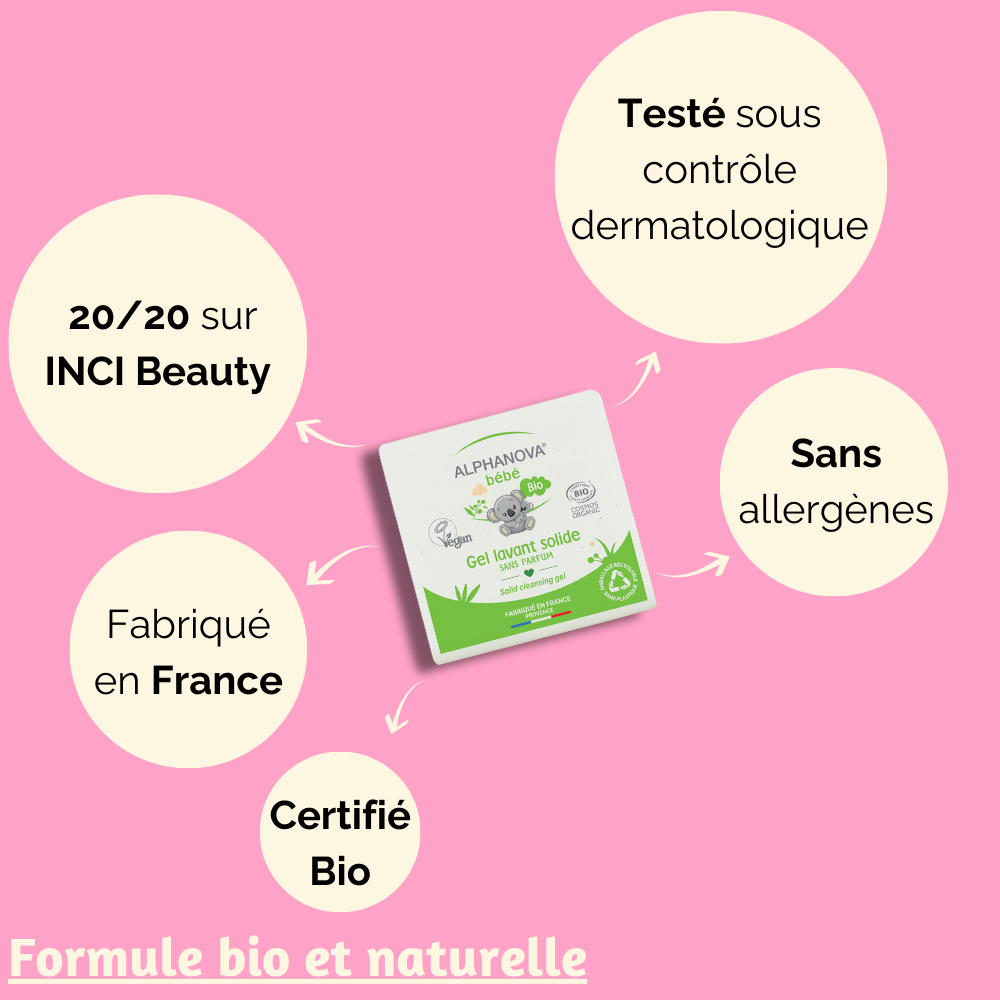 Gel lavant solide bébé bio, testé sous contrôle dermatologique, formule sans sulfates, sans parfum, et sans huile de palme.