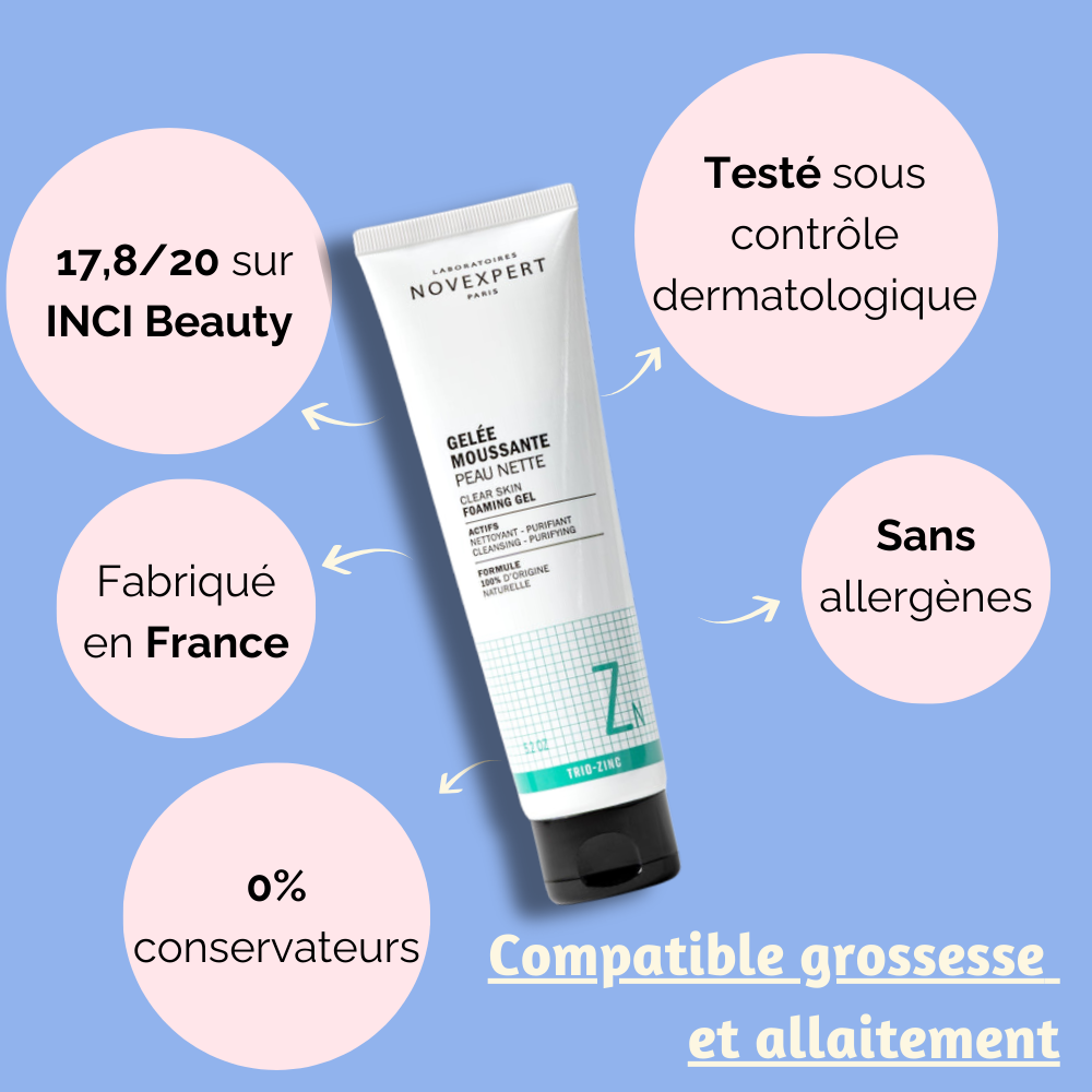 Informations sur la Gelée Moussante Peau Nette, indiquant qu'elle est compatible avec la grossesse et l'allaitement.