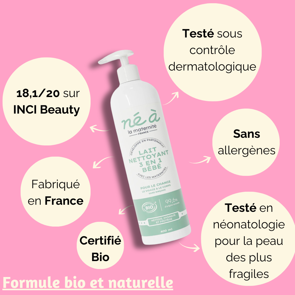 Informations sur le lait nettoyant 3 en 1 Bébé de Né à la Maternité : testé dermatologiquement, fabriqué en France, certifié bio.