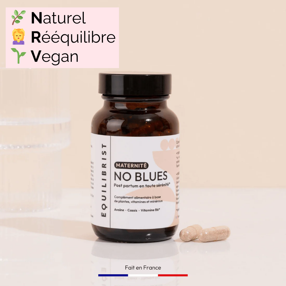 Complément alimentaire NO BLUES, naturel, apaisant, et vegan, pour un post-partum en toute sérénité.