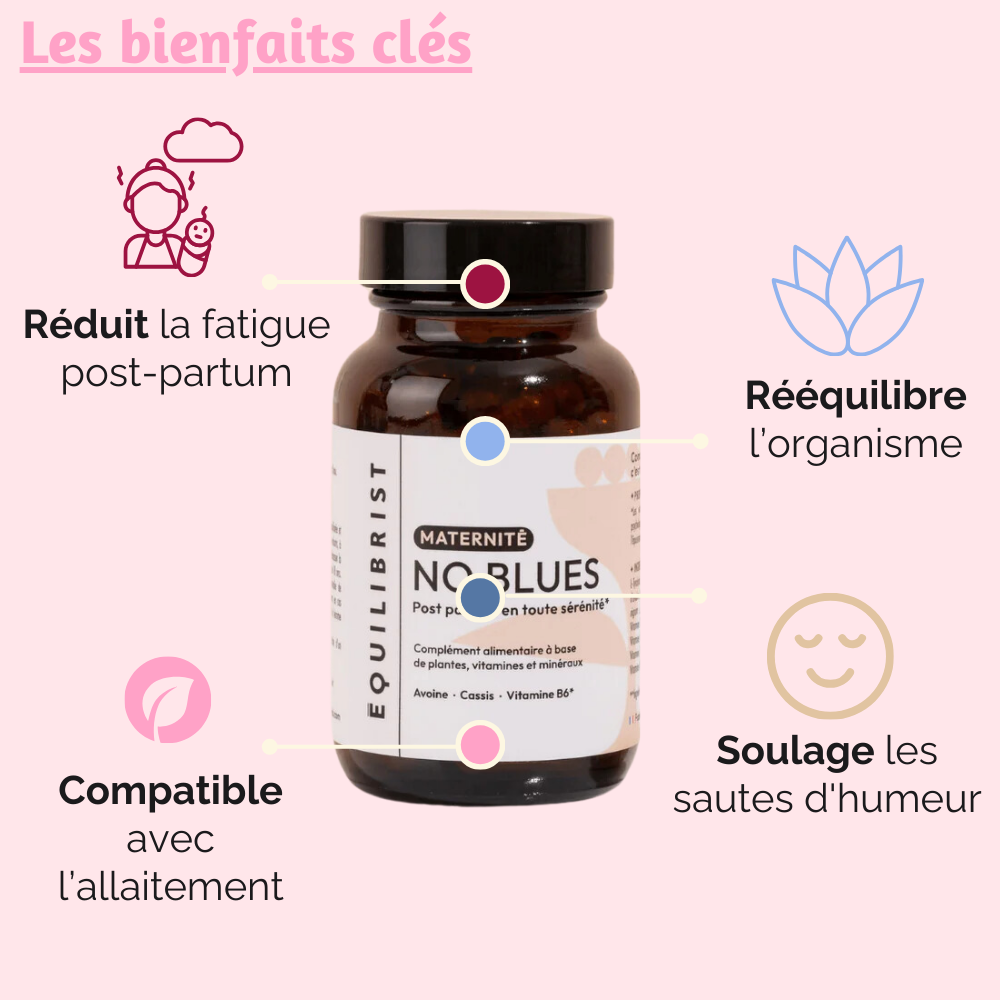 Les bienfaits clés de NO BLUES : réduit la fatigue post-partum, soulage les sautes d'humeur, rééquilibre les hormones et tonifie le système nerveux.