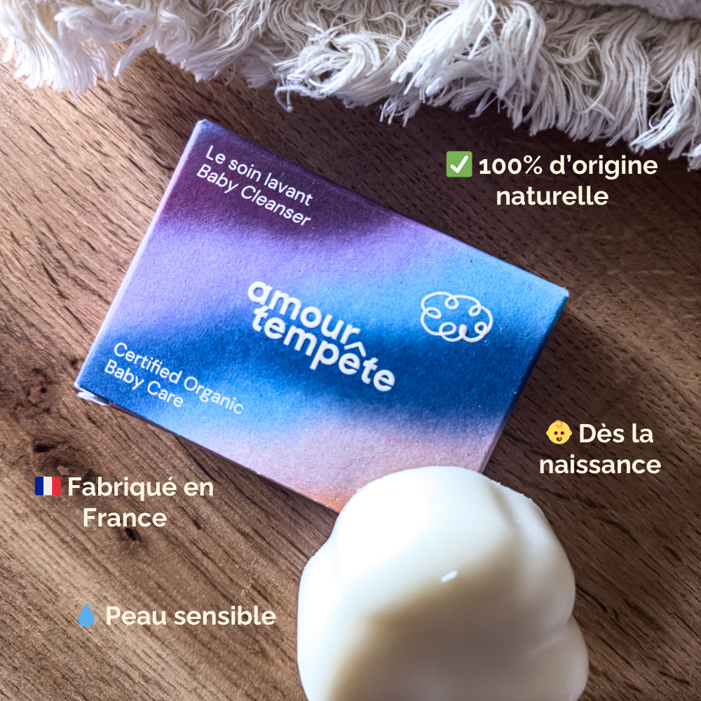 Soin lavant bébé Amour Tempête – packaging écoresponsable – 100% d’origine naturelle – dès la naissance – peau sensible