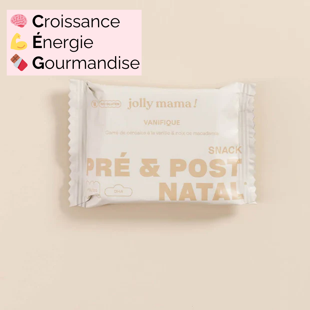 Snack Vanifique non ouvert, snack bio et gourmand à la vanille et macadamia, riche en DHA et vitamine B9 pour accompagner la grossesse et l’allaitement.