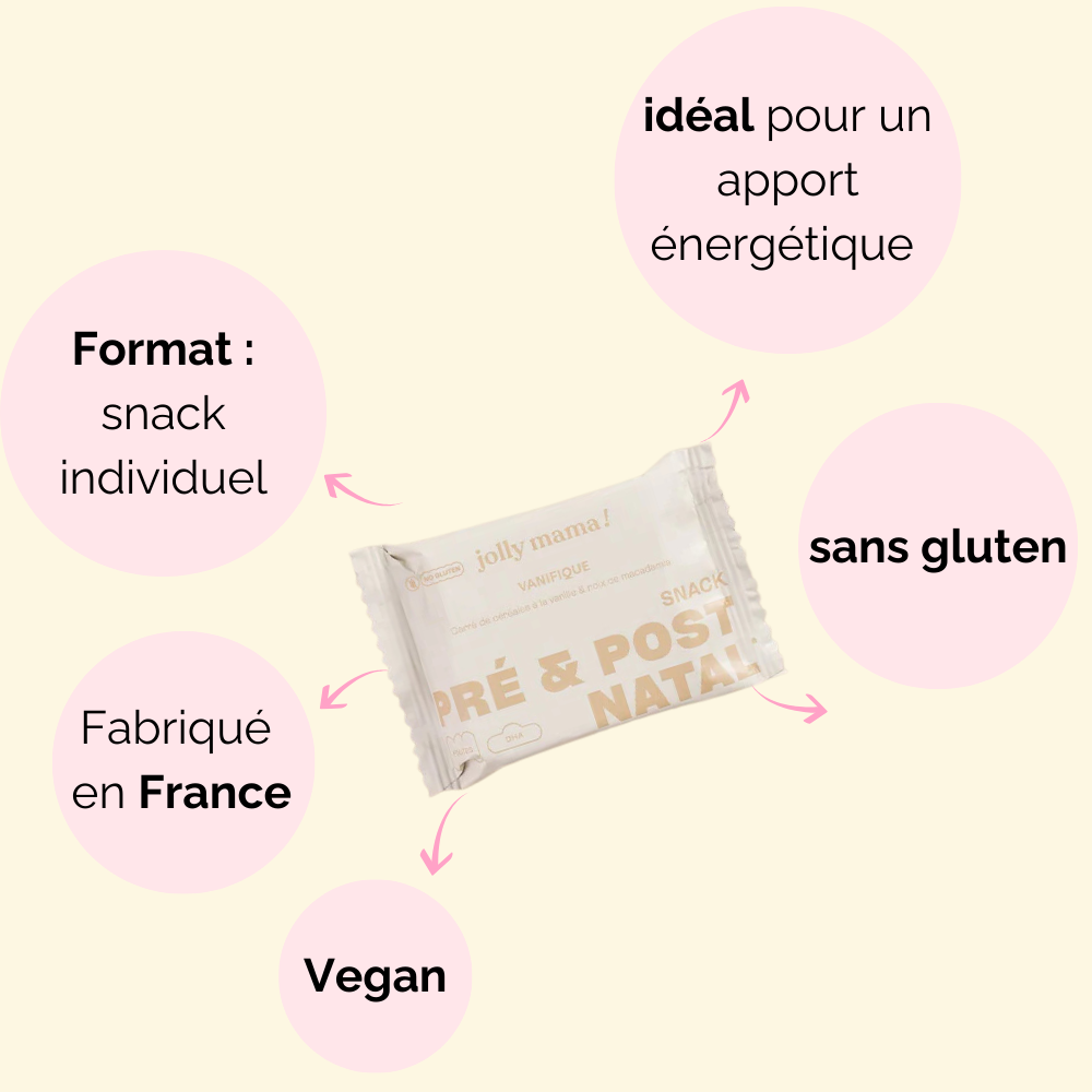 Snack Vanifique avec 200 mg de DHA et 400 µg de B9, idéal pour le développement du bébé et le bien-être des mamans.