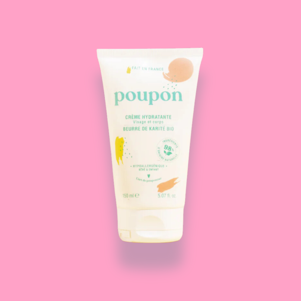 Crème hydratante hypoallergénique Poupon, adaptée pour bébé et enfant, enrichie en karité bio