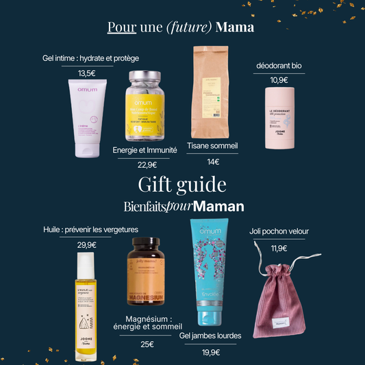 Gift guide grossesse avec idées de cadeaux utiles et sûres pour future maman : soins, compléments et accessoires compatibles grossesse.