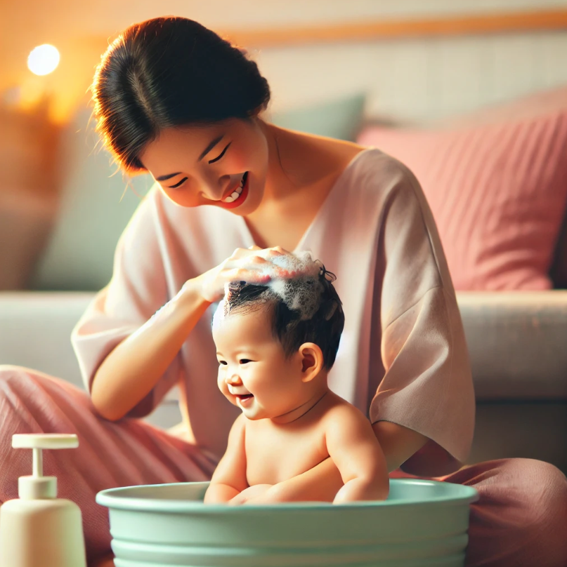 Une maman souriante applique délicatement du shampoing sur la tête de son bébé pendant le bain, illustrant un moment de douceur et de soin pour éliminer les croûtes de lait avec des produits naturels et hypoallergéniques.