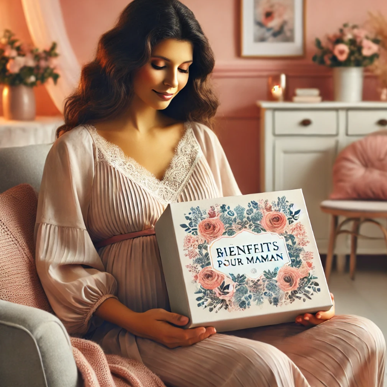 Femme enceinte tenant une box de grossesse 'Bienfaits pour Maman' dans un décor doux et cocooning. Une ambiance chaleureuse pour un moment de bien-être et de sérénité destiné aux futures mamans