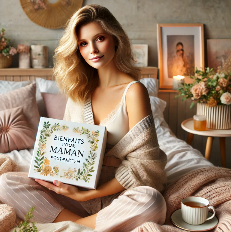 Une jeune maman en post-partum assise confortablement sur un lit cosy, tenant une box 'Bienfaits pour Maman - Post-Partum'. L’atmosphère est apaisante, bien-être, une tisane et des soins adaptés à la récupération.