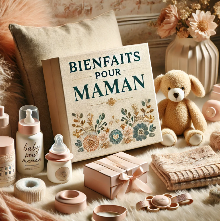Box Bienfaits pour Maman posée sur une surface douce, entourée d’accessoires pour bébé et famille, comme un biberon, un doudou, et des produits de soin. Une ambiance chaleureuse et élégante en tons pastel pour un coffret de maternité et naissance parfait.