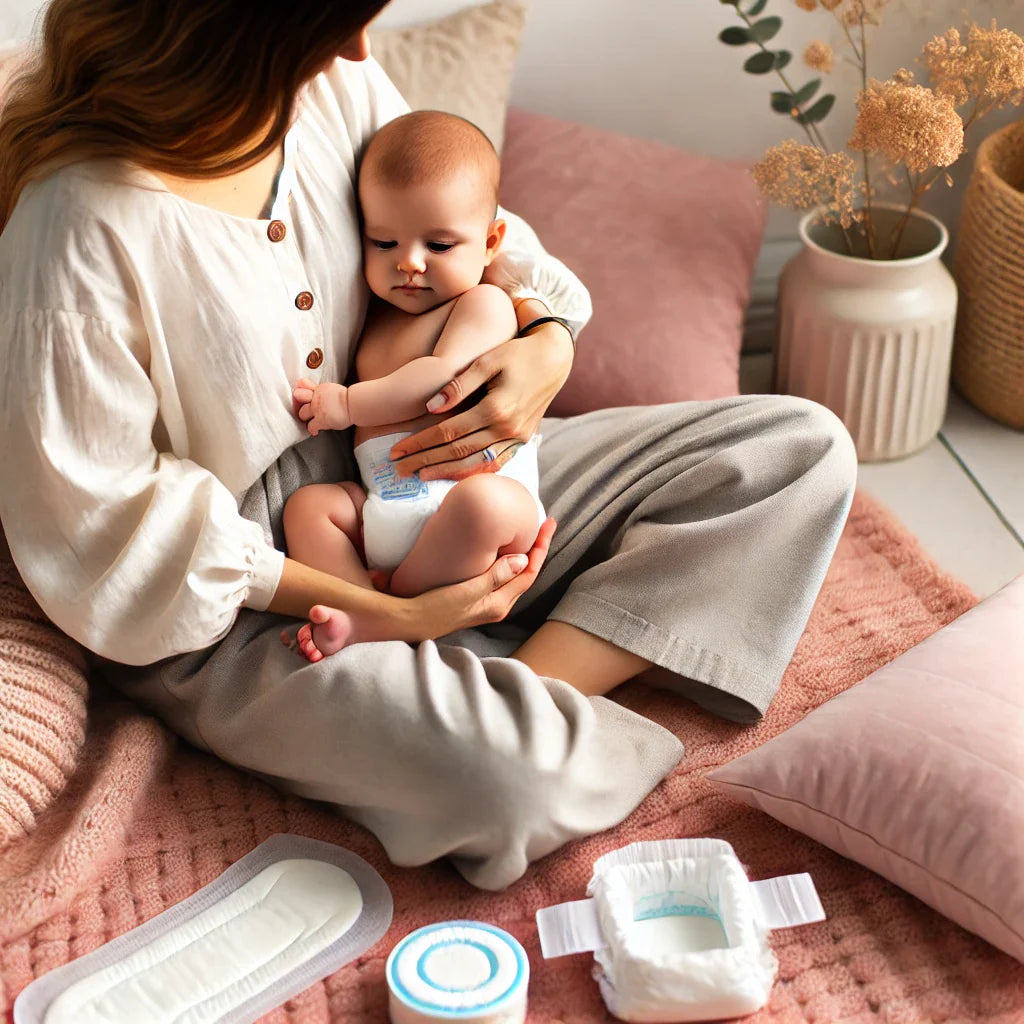 Collection de protections hygiéniques post-partum et couches écologiques, incluant serviettes ultra-absorbantes, culottes post-partum et couches douces pour maman et bébé, respectueuses de la peau et de l’environnement.