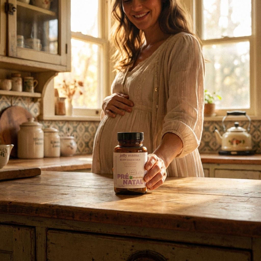 Trio de compléments alimentaires pour la grossesse posés sur une étagère : Pré-natal, DHA végétal Jolly Mama et Omum Immunité, pour lutter contre la fatigue et soutenir les défenses naturelles