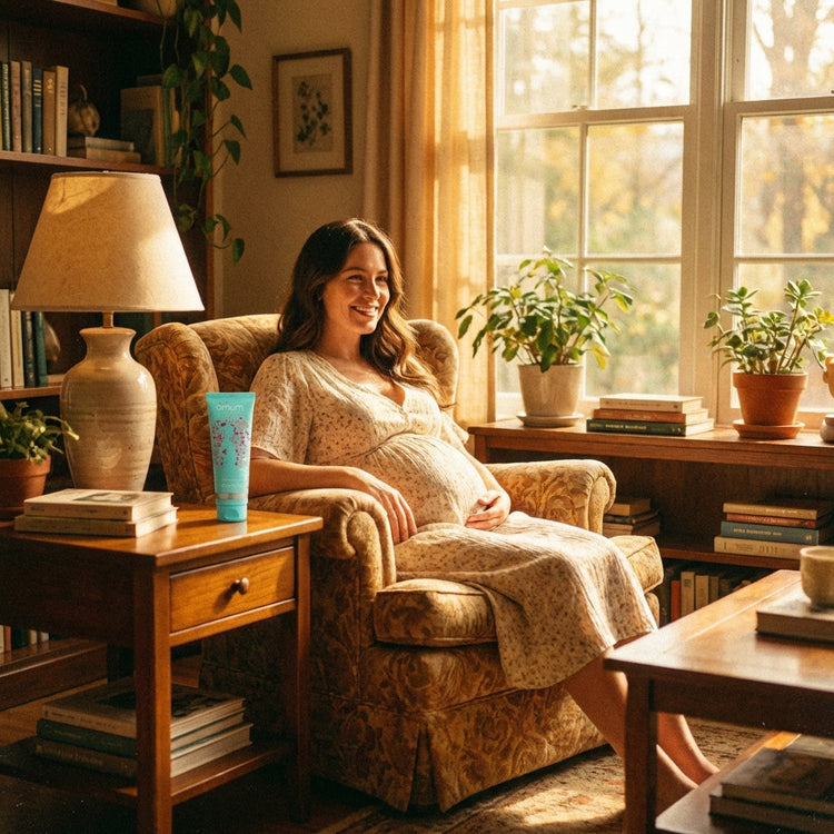 Box jambes légères avec NutriShot Jolly Mama et gel bio Omum Envolée posés sur une étagère rose, accompagnés de fleurs, pour soulager naturellement les jambes lourdes pendant la grossesse et le post-partum