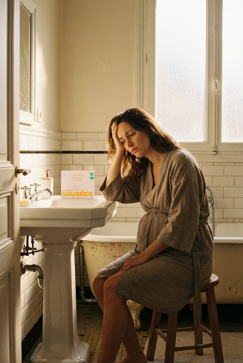 Poudre Nausées Jolly Mama posée sur un plan de travail en marbre avec fleurs blanches en arrière-plan, complément bio contre les nausées de grossesse à base d’ananas et gingembre