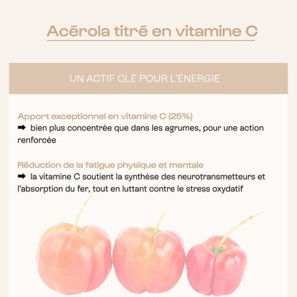 Infographie sur l’acérola, fruit riche en vitamine C naturelle, ingrédient clé du complément Mon Coup de Boost pour lutter contre la fatigue.