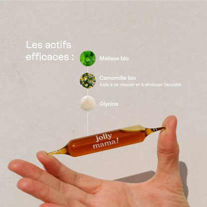 Zoom sur la composition naturelle de Mama Dreams Jolly Mama avec mélisse bio, camomille bio et glycérine végétale, pour apaiser et améliorer la qualité du sommeil.