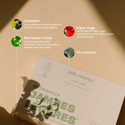 Boîte de Jambes Légères Jolly Mama avec un texte indiquant les bienfaits pour la circulation sanguine et le confort des jambes.
