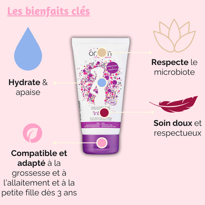 Infographie des bénéfices du gel intime Omum : hydrate et apaise, respecte le microbiote, adapté à la grossesse, à l’allaitement et aux petites filles dès 3 ans..