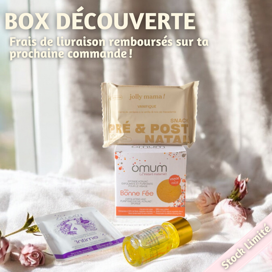Box Découverte Soin Essentiel comprenant un snack Jolly Mama, une mini huile Yodi, une éponge Konjac et un échantillon de gel intime.