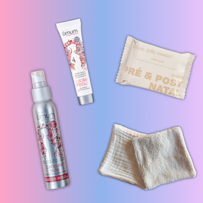 Box premier trimestre contenant des soins anti-nausées, infusion bien-être et snack sain pour accompagner les futures mamans."