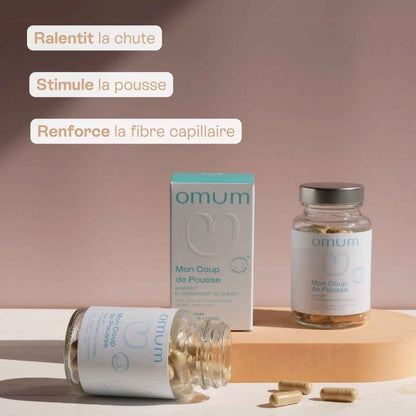 Complément alimentaire cheveux Omum Mon Coup de Pousse – cure clean compatible allaitement, booste la pousse et redonne volume.