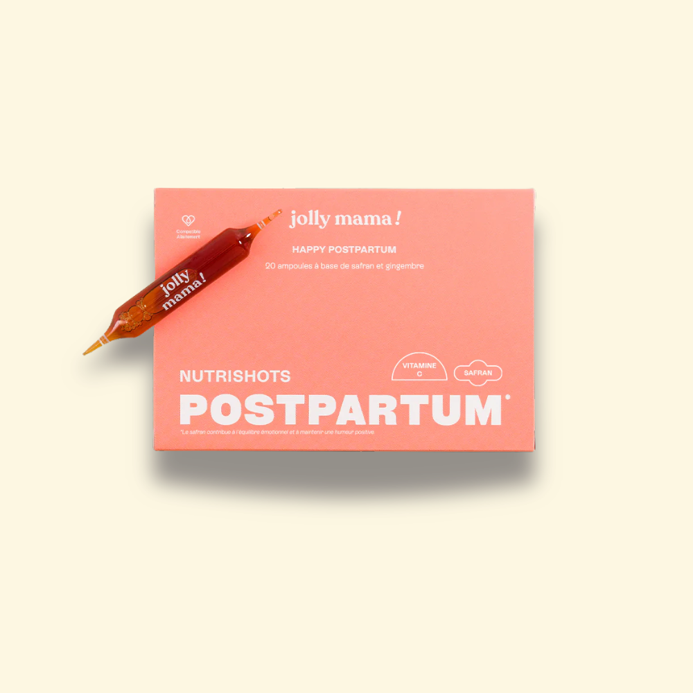 Boîte de 20 ampoules Happy Postpartum, complément naturel post-partum à base de gingembre, safran et vitamine C pour soulager les douleurs et favoriser la cicatrisation.