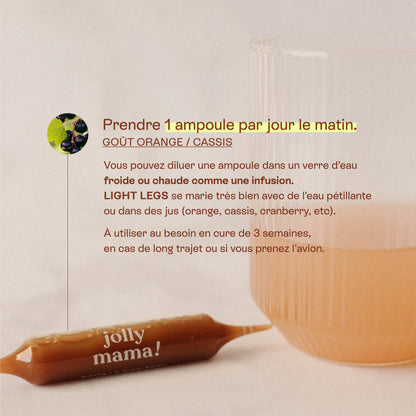 Verre rempli et ampoule Light Legs avec instructions : 1 ampoule par jour, cure de 3 semaines.