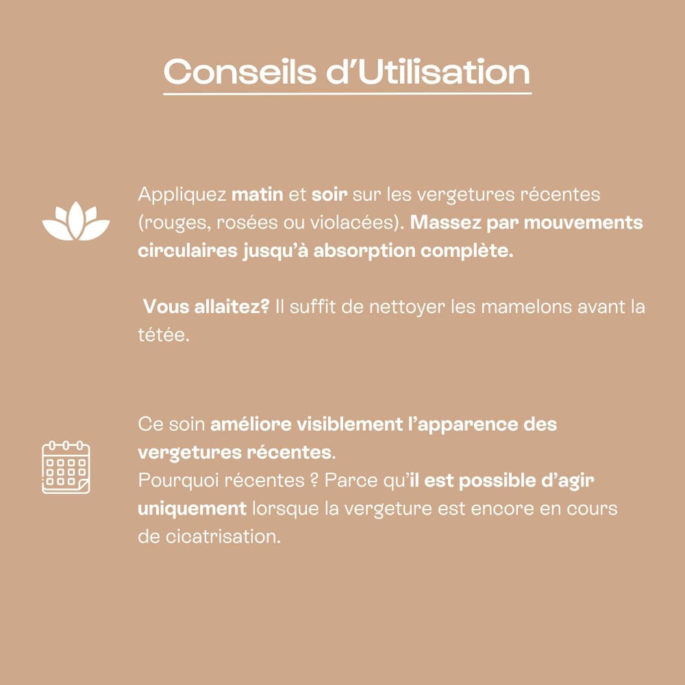 Infographie conseils : appliquer matin et soir, masser en mouvements circulaires, compatible grossesse et allaitement.