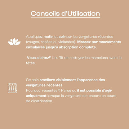 Infographie conseils : appliquer matin et soir, masser en mouvements circulaires, compatible grossesse et allaitement.