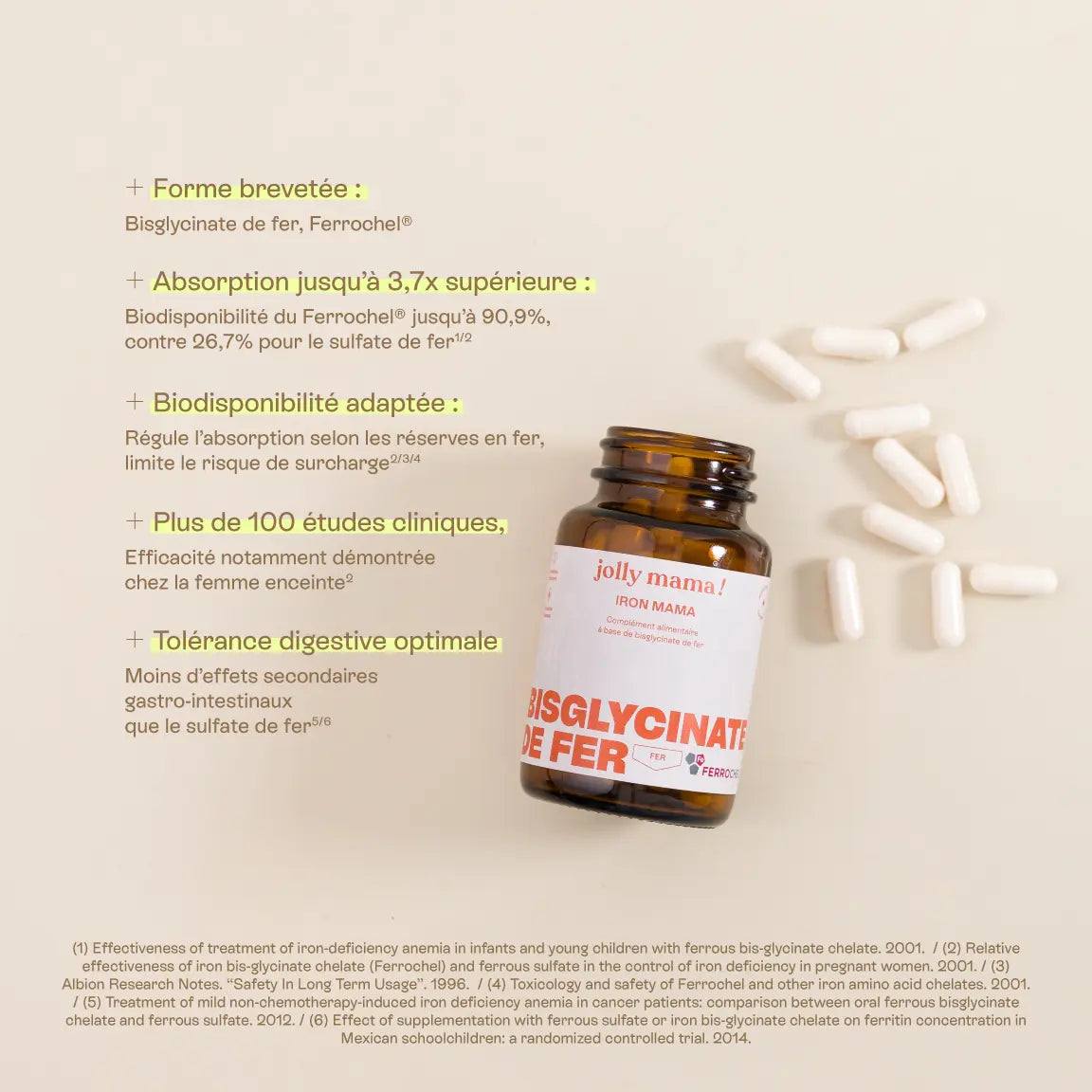 Infographie des bénéfices du fer: réduction de la fatigue, formation d’hémoglobine, transport de l’oxygène.