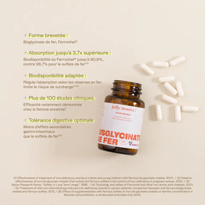 Infographie des bénéfices du fer: réduction de la fatigue, formation d’hémoglobine, transport de l’oxygène.