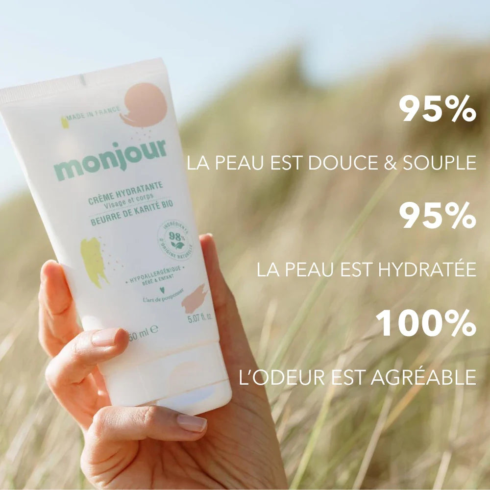 Infographie crème Monjour indiquant 95 % de satisfaction sur hydratation et confort, testée dermatologiquement